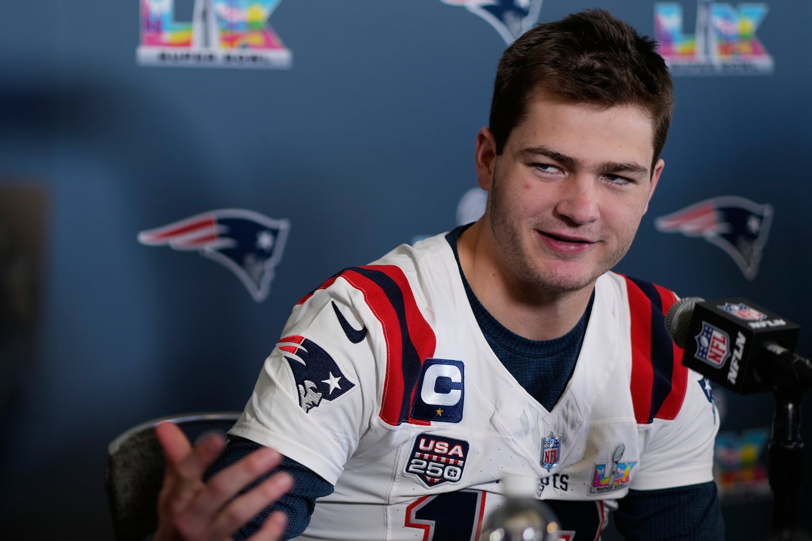 New England Patriots quarterback Drake Maye talks to the media during a news conference Wednesday, Feb. 4, 2026, in Santa Clara, Calif., ahead of the Super Bowl 60 NFL football game between the Seattle Seahawks and the New England Patriots. (AP Photo/Charlie Riedel)