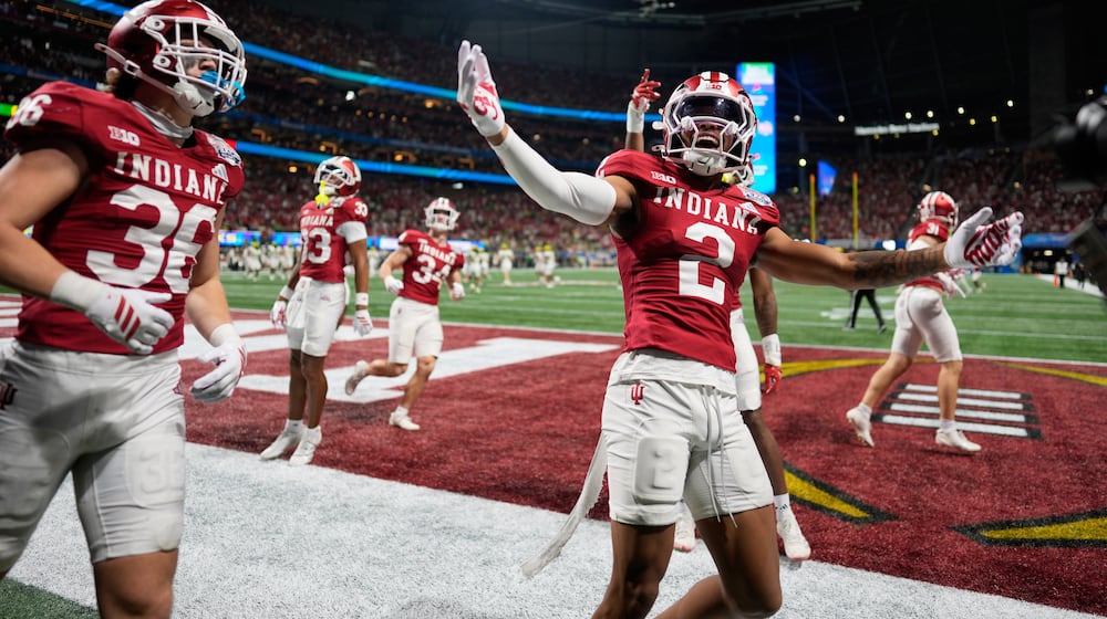 Indiana wide receiver Makai Jackson (2) celebrates a touchdown during the second half of the Peach Bowl NCAA college football playoff semifinal against Oregon, Friday, Jan. 9, 2026, in Atlanta. (AP Photo/Mike Stewart)