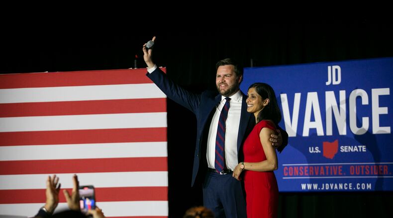 FILE — J.D. Vance and his wife, Usha, after winning the Republican Ohio Senate primary, in Cincinnati, Ohio, on May 3, 2021. Across the country, Donald Trump has endorsed more than 200 candidates, many of whom ran unopposed or faced little-known, poorly funded opponents. (Maddie McGarvey/The New York Times)