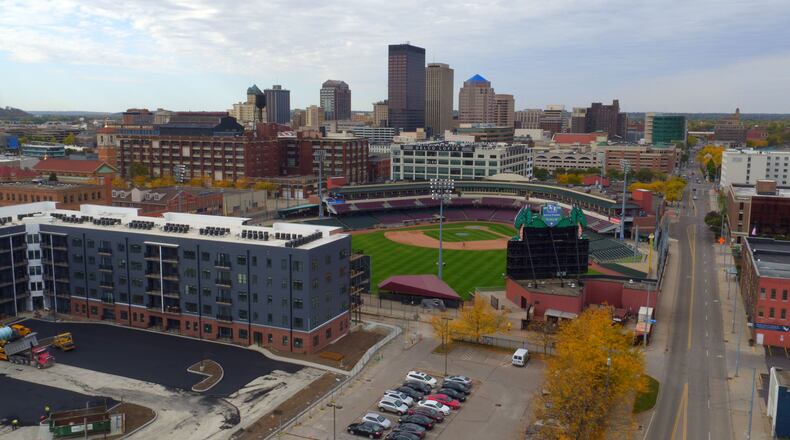 An aerial view of Day Air Ball Park, from the east along Monument Avenue.  FILE