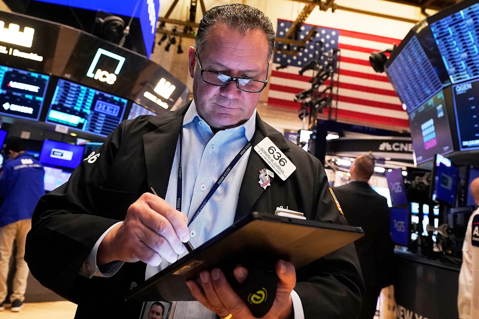 Trader Edward Curran works on the floor of the New York Stock Exchange, Monday, May 5, 2025. (AP Photo/Richard Drew)