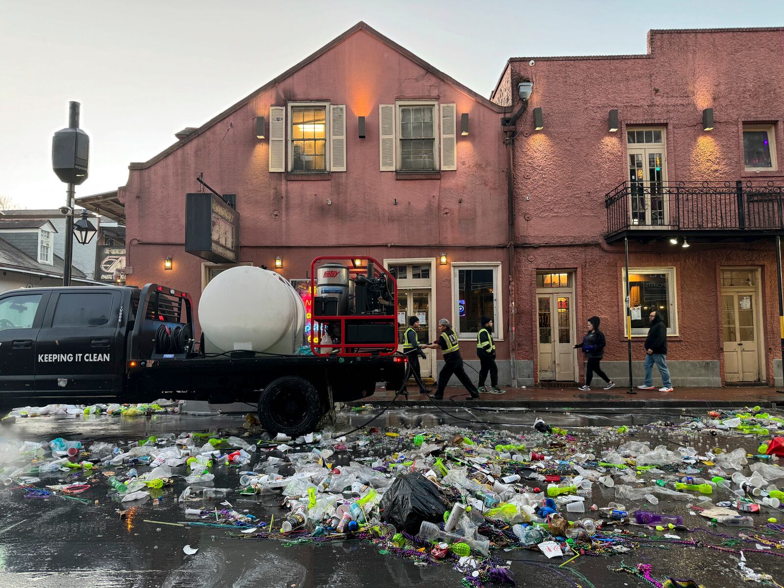 FILE - Waste from Mardi Gras awaiting collection in the French Quarter of New Orleans, on Ash Wednesday, March 5, 2025. (AP Photo/Jack Brook, File)
