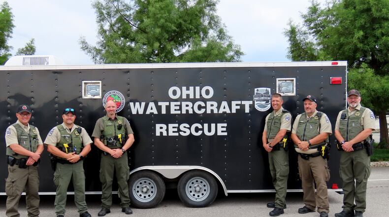 Ohio Natural Resources Officers prepare for deployment to New Mexico for flood assistance. Pictured from left to right are Investigator Troy Newman, Capt. Michael Sterwerf, Officer Kevin Peters, Officer Paul Lallier, Sgt. Eric McCune and Officer Richard McCullough. Photo courtesy Ohio Department of Natural Resources.