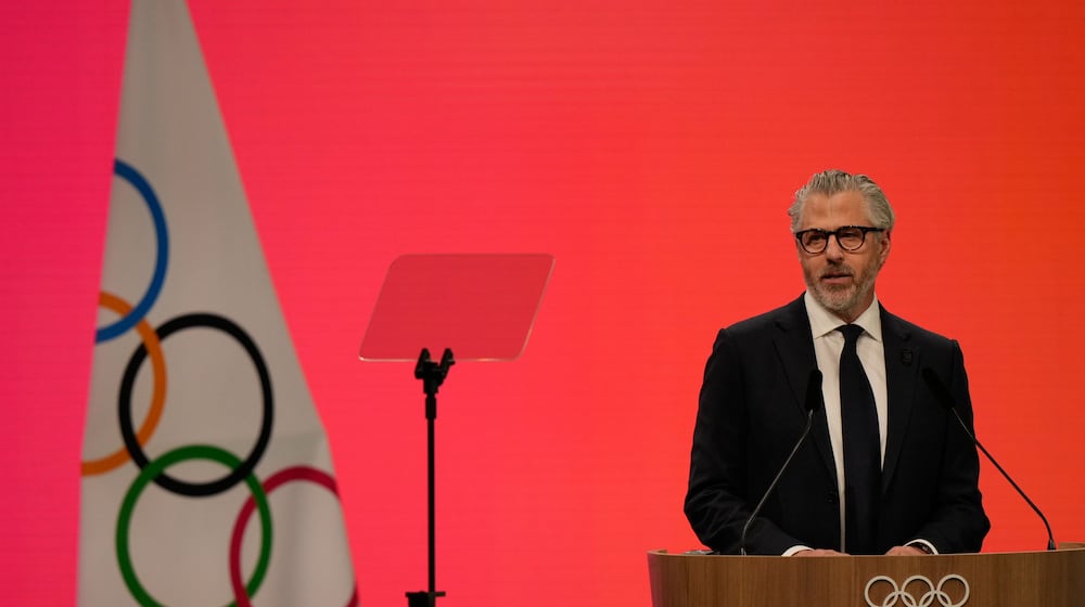 Casey Wasserman, Chairman of the Los Angeles Organizing Committee for the 2028 Olympic and Paralympic Games speaks during an IOC meeting ahead of the 2026 Winter Olympics, in Milan, Italy, Tuesday, Feb. 3, 2026. (AP Photo/Luca Bruno)