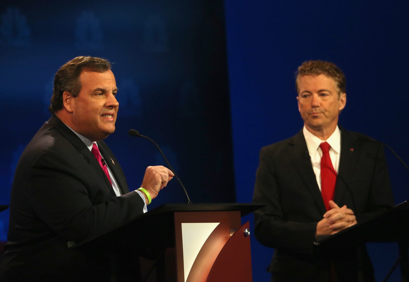 BOULDER, CO - OCTOBER 28: Presidential candidate New Jersey Gov. Chris Christie (L) speaks while Sen. Rand Paul (R-KY) looks on during the CNBC Republican Presidential Debate at University of Colorados Coors Events Center October 28, 2015 in Boulder, Colorado. Fourteen Republican presidential candidates are participating in the third set of Republican presidential debates. (Photo by Justin Sullivan/Getty Images)