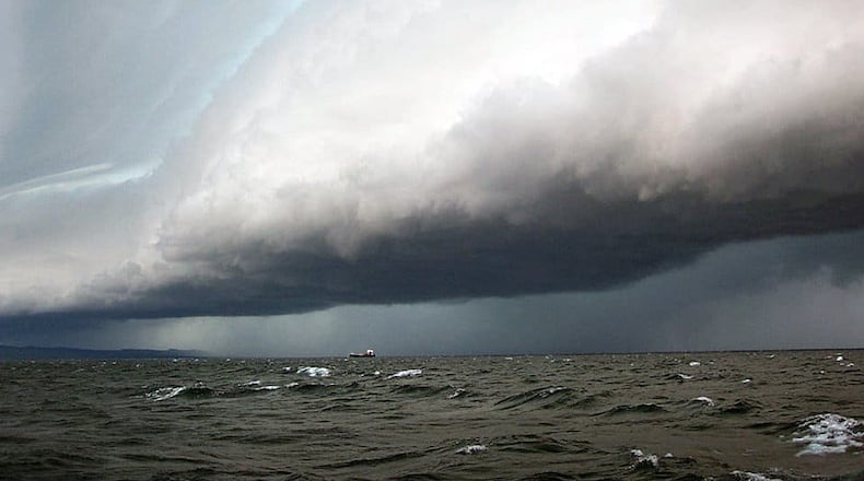 Storm clouds loom over Lake Superior. When conditions are right, meteotsunamis may occur in many bodies of water around the world, including the Great Lakes. COURTESY: NOAA, National Oceanic & Atmospheric Association