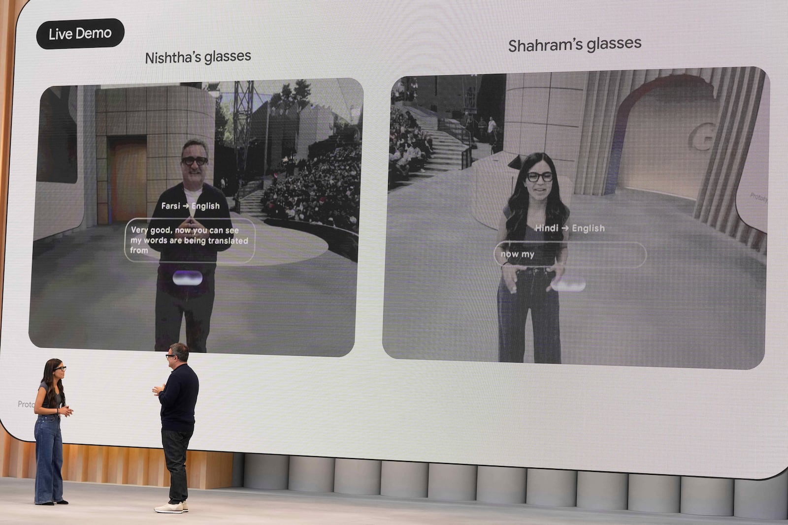 Nishtha Bhatia, Product Manager at Google, Glasses & AI, bottom left, and Shahram Izadi, Android XR Platform & Products, speak at a Google I/O event in Mountain View, Calif., Tuesday, May 20, 2025. (AP Photo/Jeff Chiu)