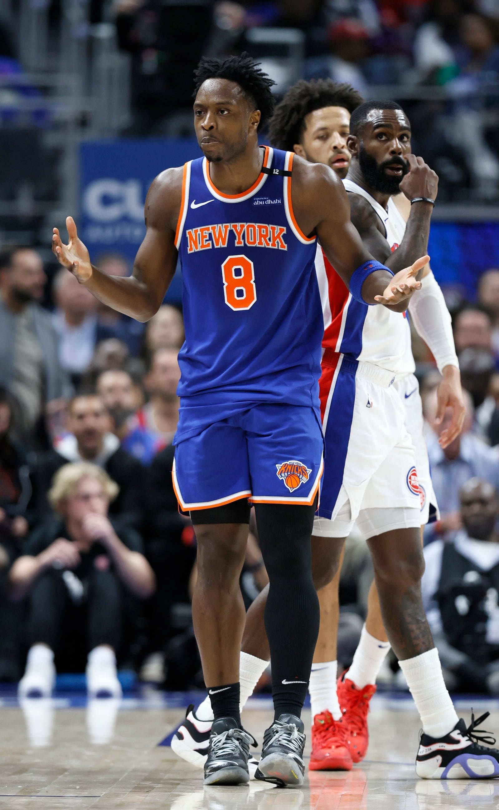 New York Knicks forward OG Anunoby (8) reacts after being whistled for a foul against the Detroit Pistons during the first half of Game 6 of an NBA basketball first-round playoff series Thursday, May 1, 2025, in Detroit. (AP Photo/Duane Burleson)