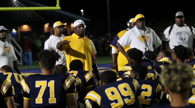Springfield’s Maurice Douglass talks to his team after a loss to Fairfield on Friday, Sept. 6, 2019, at Springfield High School. David Jablonski/Staff