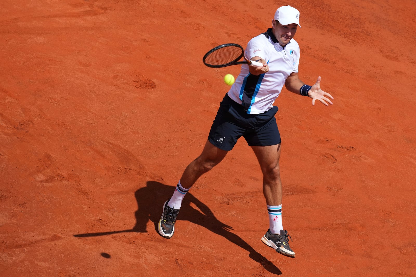 Serbia's Dusan Lajovic in action against Spain's Carlos Alcaraz during the Italian Open tennis tournament in Rome, Friday May 9, 2025. (Alfredo Falcone/LaPresse via AP)