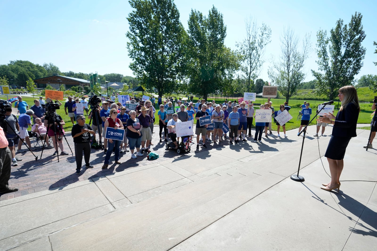 Iowa congressional candidate Sarah Trone Garriott speaks during an Iowa Democratic Party rally, Thursday, July 3, 2025, in Windsor Heights, Iowa. (AP Photo/Charlie Neibergall)