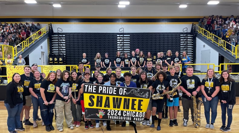 The Pride of Shawnee Marching Band following the announcement at the Shawnee Middle School/High School Pep Rally. Contributed