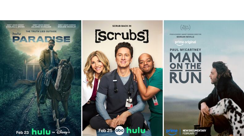 This combination of images show promotional art for the series "Paradise," from left, the comedy series "Scrubs," and the documentary "Paul McCartney: Man on the Run." (Hulu/Hulu/Prime via AP)
