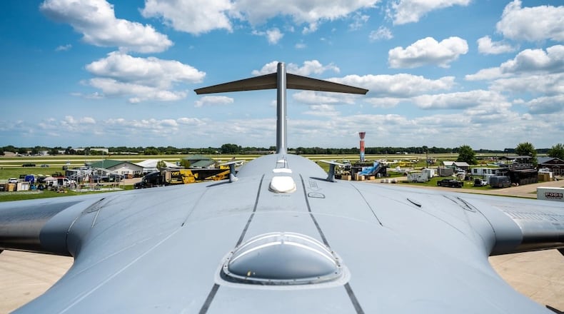 A view from the top of a C-17 Globemaster, assigned to the 445th Airlift Wing, Wright-Patterson Air Force Base, at the Experimental Aircraft Association AirVenture airshow in Oshkosh, Wis., July 19, 2024. Air Force photo by Daniel Peterson.