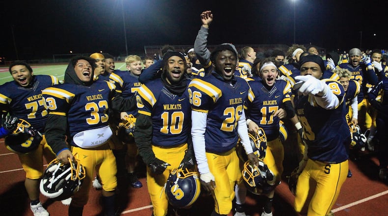 Springfield celebrates a victory against Dublin Coffman in a Division I, Region 2 final on Friday, Nov. 22, 2019, at London High School. David Jablonski/Staff