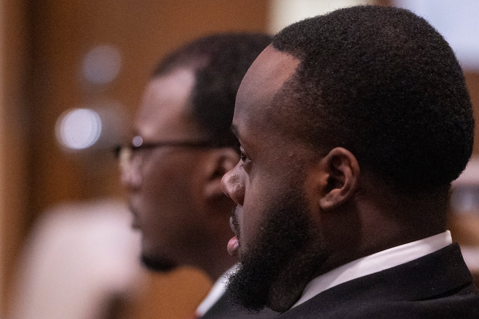 Former Memphis Police Department officers Tadarrius Bean, right, and Justin Smith Jr., left, look on during the sixth day of the trial for the death of Tyre Nichols in Memphis, Tenn., on Saturday, May 3, 2025. (Chris Day/Commercial Appeal/USA Today Network via AP, Pool)