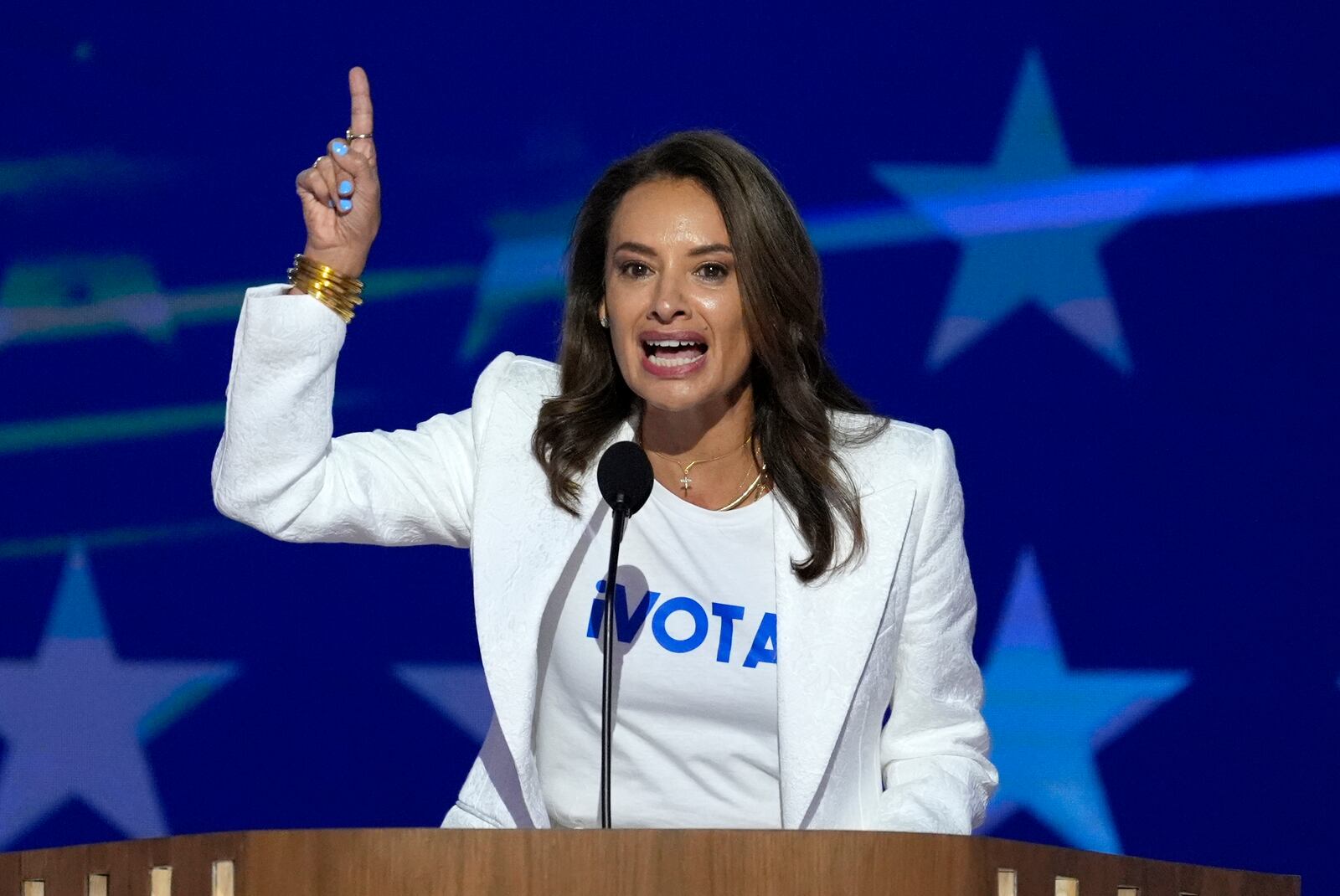 FILE - Maria Teresa Kumar, president and CEO of Voto Latino, speaks during the Democratic National Convention, Aug. 21, 2024, in Chicago. (AP Photo/J. Scott Applewhite, File)