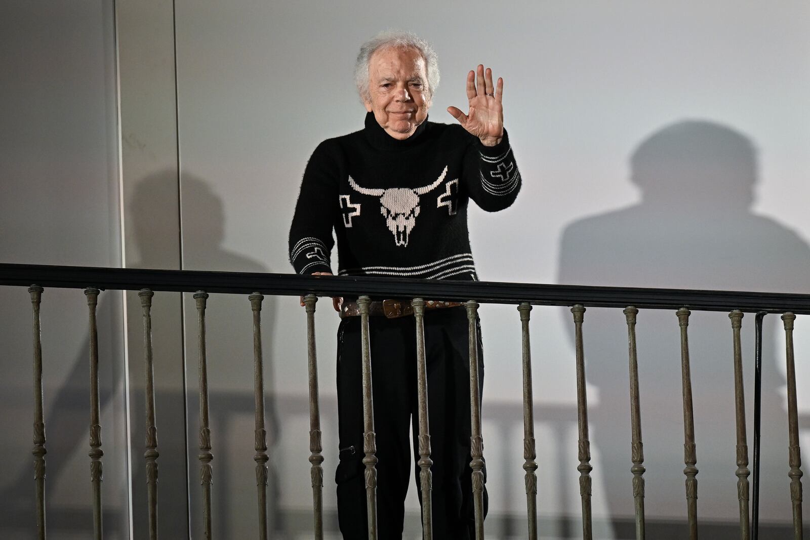 Ralph Lauren greets the audience at the Ralph Lauren Fall 2025 presentation on Thursday, April 17, 2025, in New York. (Photo by Evan Agostini/Invision/AP)