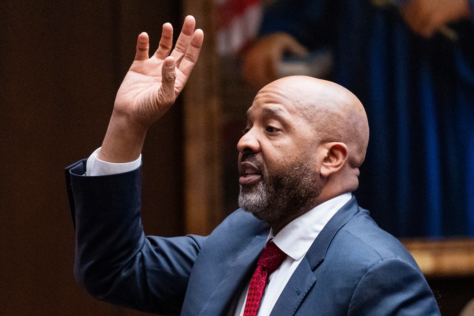 John Keith Perry, defense attorney for former Memphis Police Department officer Tadarrius Bean, gives his opening statement during the first day of the state criminal trial for the death of Tyre Nichols at 201 Poplar in Memphis, Tenn., on Monday, April 28, 2025. (Chris Day/Commercial Appeal/USA Today Network, via AP, Pool)