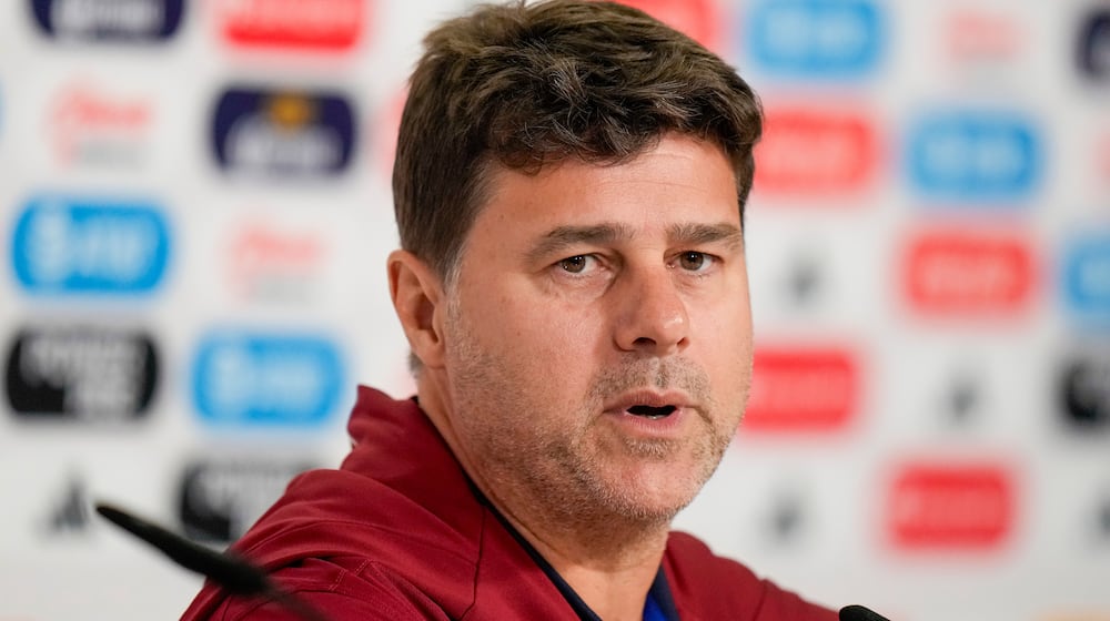 FILE - United States head coach Mauricio Pochettino gives a press conference, Mexico, Oct. 14, 2024, ahead of an international friendly soccer match against Mexico, at Akron Stadium in Guadalajara,. (AP Photo/Eduardo Verdugo, File)