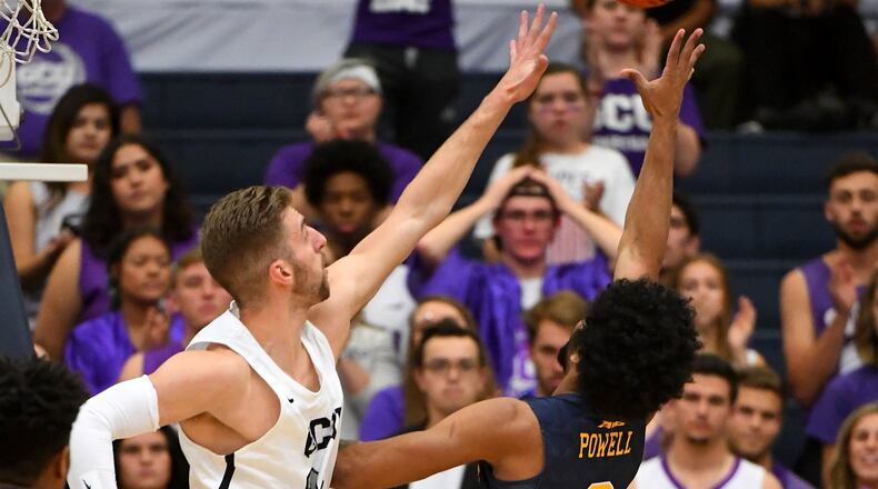 FULLERTON, CA - NOVEMBER 25: Tim Finke #24 of the Grand Canyon Lopes defends a shot by Pookie Powell #0 of the La Salle Explorers in the first half of the game during the Wooden Legacy Tournament at Titan Gym on November 25, 2018 in Fullerton, California. (Photo by Jayne Kamin-Oncea/Getty Images)