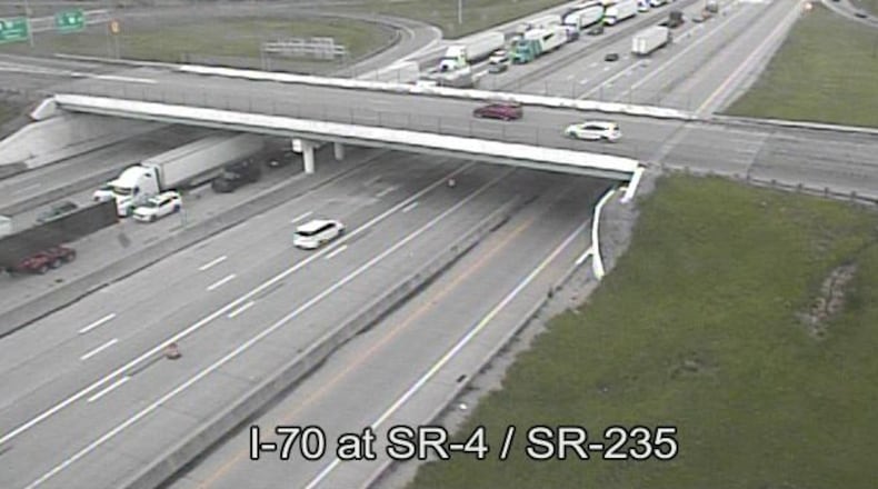 A person is dead after a vehicle left Interstate 70 East in Clark County and crashed into Mad River Friday, April 25, 2025. Traffic was backed up on I-70 East as crews investigate the crash. Photo courtesy Ohio Department of Transportation.