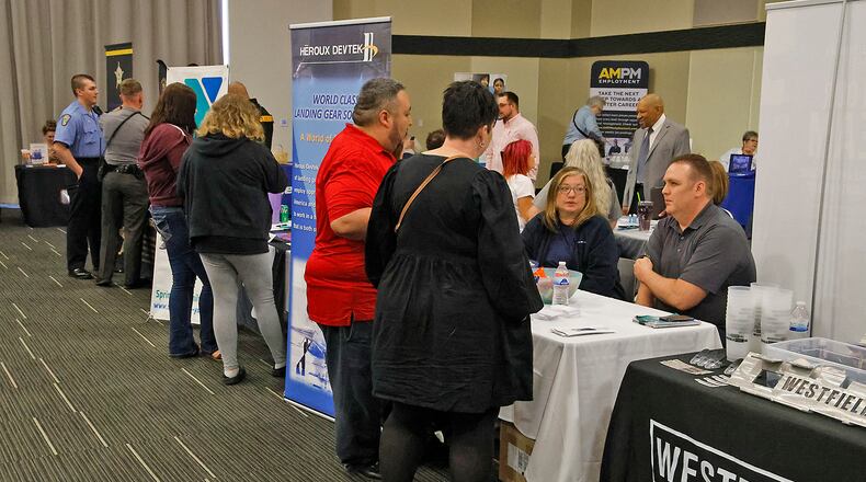 Over 60 employers filled the Hollenbeck Bayley Conference Center for the 14th Annual Clark County Job Fair Wednesday, April 17, 2024. BILL LACKEY/STAFF