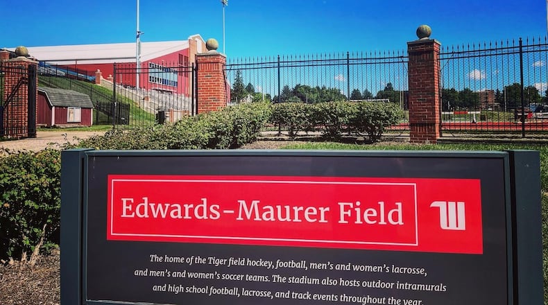 The sign outside Wittenberg's Edwards-Maurer Field in Springfield. David Jablonski/Staff