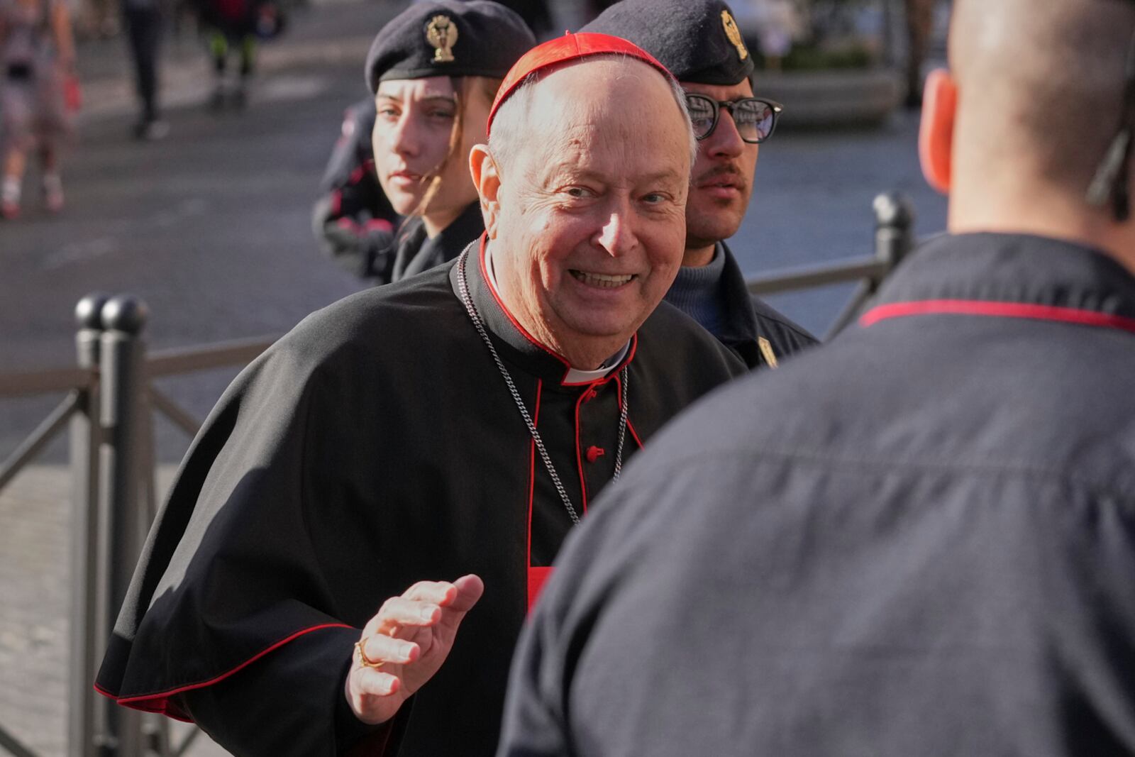 Cardinal Oscar Cantoni walks in St. Peter's Square as he arrives for a meeting of cardinals, at the Vatican, Tuesday, April 22, 2025. (AP Photo/Andrew Medichini)