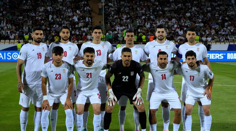 FILE - Irans's players pose for a team photo before an Asian group A qualifying soccer match against North Korea for the 2026 World Cup, June 10, 2025, at Azadi Stadium in Tehran, Iran. (AP Photo/Vahid Salemi, file)
