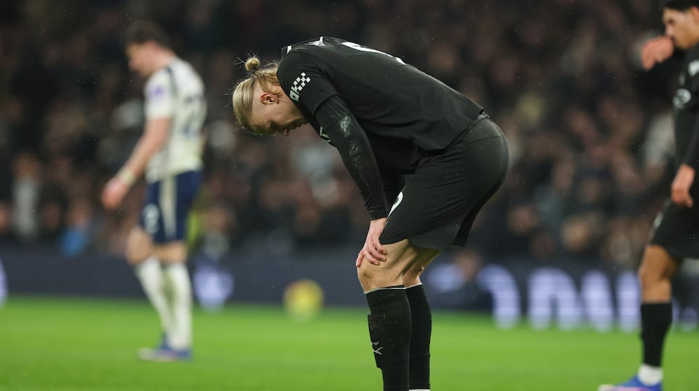 Manchester City's Erling Haaland reacts during the English Premier League soccer match between Tottenham Hotspur and Manchester City in London, Sunday, Feb. 1, 2026. (AP Photo/Richard Pelham)