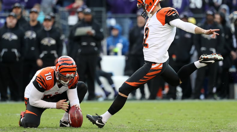Former Bengals kicker Mike Nugent hits a fourth quarter field goal against the Ravens at M&T Bank Stadium on November 27, 2016 in Baltimore. Released by Cincinnati late last season, he has signed with the Giants.