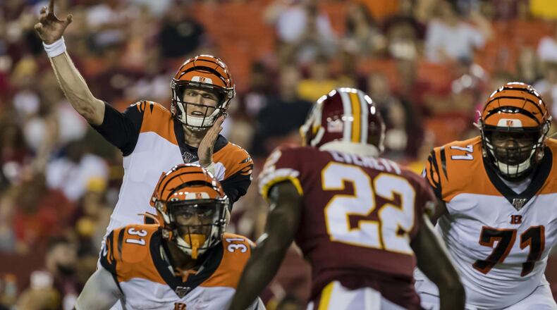 LANDOVER, MD - AUGUST 15: Ryan Finley #5 of the Cincinnati Bengals attempts a pass against the Washington Redskins during the first half of a preseason game at FedExField on August 15, 2019 in Landover, Maryland. (Photo by Scott Taetsch/Getty Images)