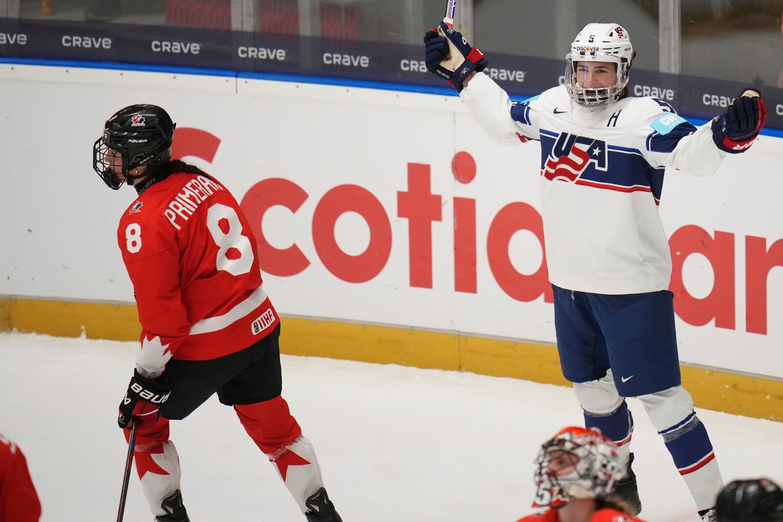 United States' Megan Keller celebrates after scoring her sides second goal during the group A match between United States and Canada at the Women's Ice Hockey Championships in Ceske Budejovice, Czech Republic, Sunday, April 13, 2025. (AP Photo/Petr David Josek)