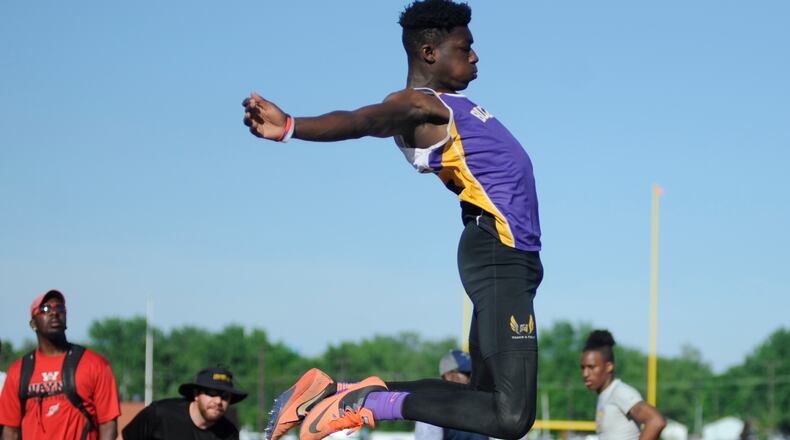Butler senior Daiton Sharp matched a D-I regional record of 23-11 in winning the long jump. The first day of the D-I regional track and field meet was at Wayne on Wed., May 23, 2018. MARC PENDLETON / STAFF