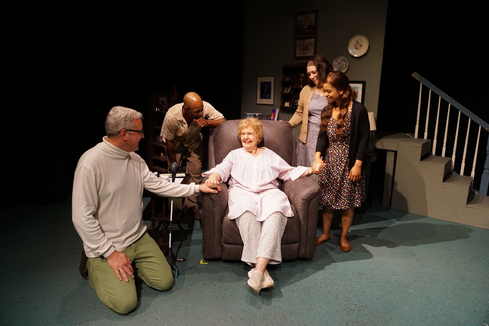 Actor Barb Jorgensen has been in 10 Young at Heart Players productions. Here she is surrounded by (left to right) 
Steve Strawser, Justin Lampkins, Kerry Simpson, and Bryana Bentley.