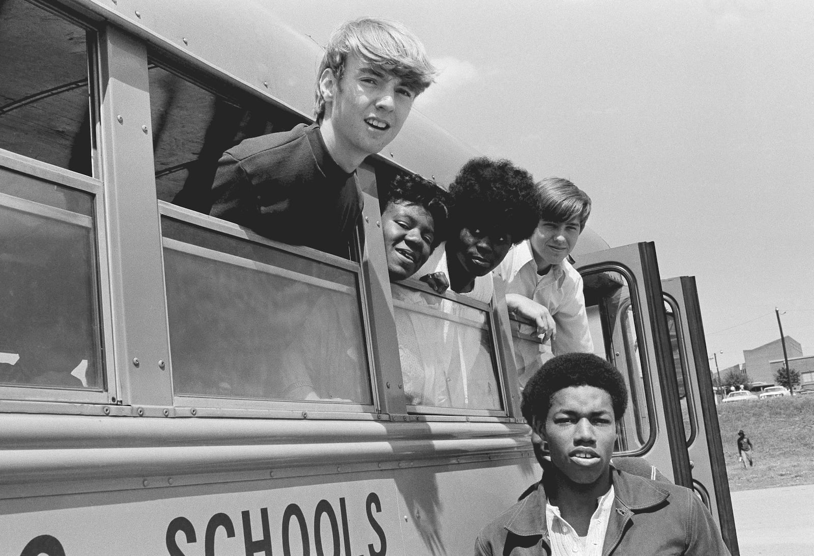 FILE - Students from Charlotte High School in Charlotte, N.C., ride a bus together, May 15, 1972. (AP Photo/Harold L. Valentine, File)