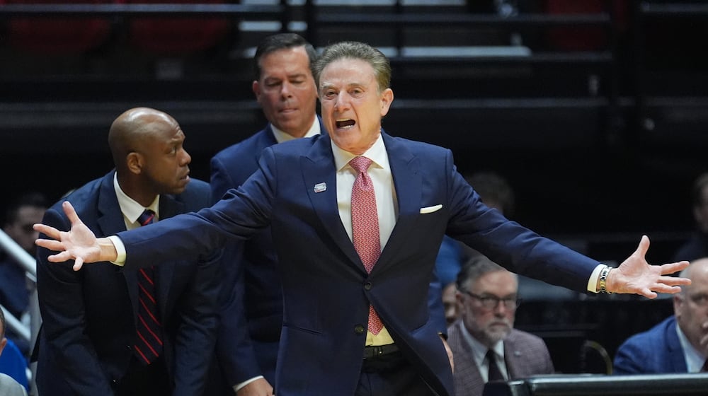 St. John's head coach Rick Pitino reacts during the second half of a game between Kansas and St. John's in the second round of the NCAA college basketball tournament Sunday, March 22, 2026, in San Diego. (AP Photo/Marcio Jose Sanchez)