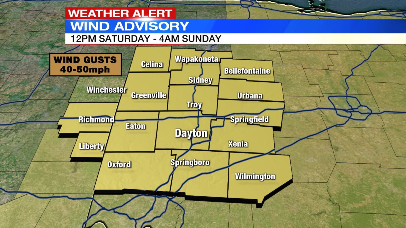 A Wind Advisory has been issued for the Miami Valley from noon Saturday to 4 a.m. Sunday.  CHIEF METEOROLOGIST ERIC ELWELL