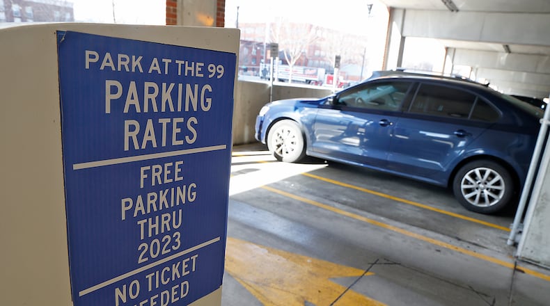 Parking at the city of Springfield's parking garage, Park at the 99, will remain free through 2023. BILL LACKEY/STAFF