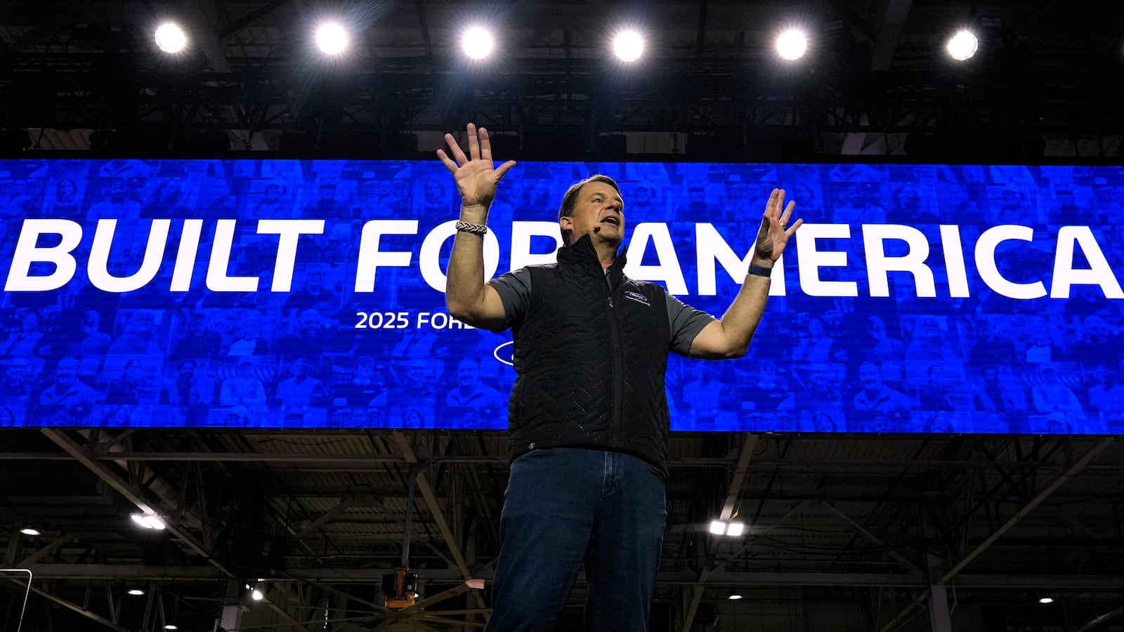 Jim Farley, President and Chief Executive Officer of Ford, speaks at the Ford Motor Company Kentucky Truck Plant to launch the 2025 Ford Expedition, Wednesday, April 30, 2025, in Louisville, Ky. (AP Photo/Carolyn Kaster)