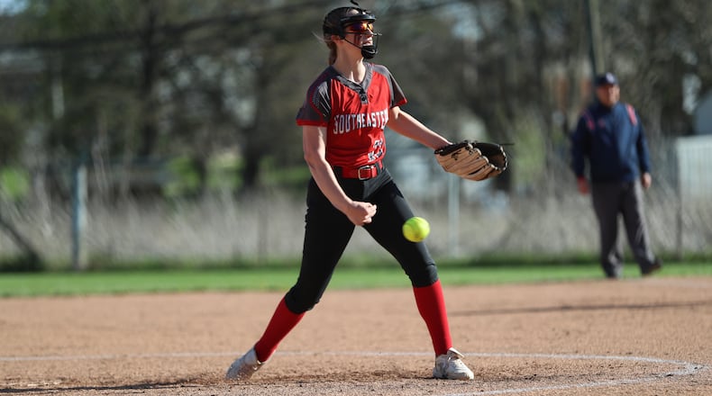 Southeastern High School freshman pitcher Reese Wells throws a pitch during their game against West Jefferson on Tuesday, April 17 at South Charleston Community Park. The Trojans are 8-3