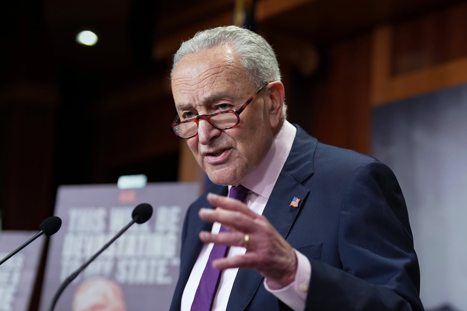 Senate Minority Leader Chuck Schumer, D-N.Y., talks with reporters as Senate Republicans work to advance President Donald Trump's sweeping domestic policy bill, at the Capitol in Washington, Friday, June 27, 2025. (AP Photo/J. Scott Applewhite)