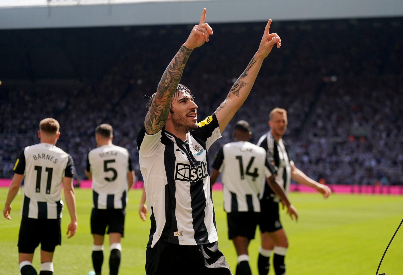 Newcastle United's Sandro Tonali celebrates scoring his side's first goal of the game, during the English Premier League soccer match between Newcastle United and Chelsea at St James' Park, in Newcastle, England, Sunday May 11, 2025. (Owen Humphreys/PA via AP)