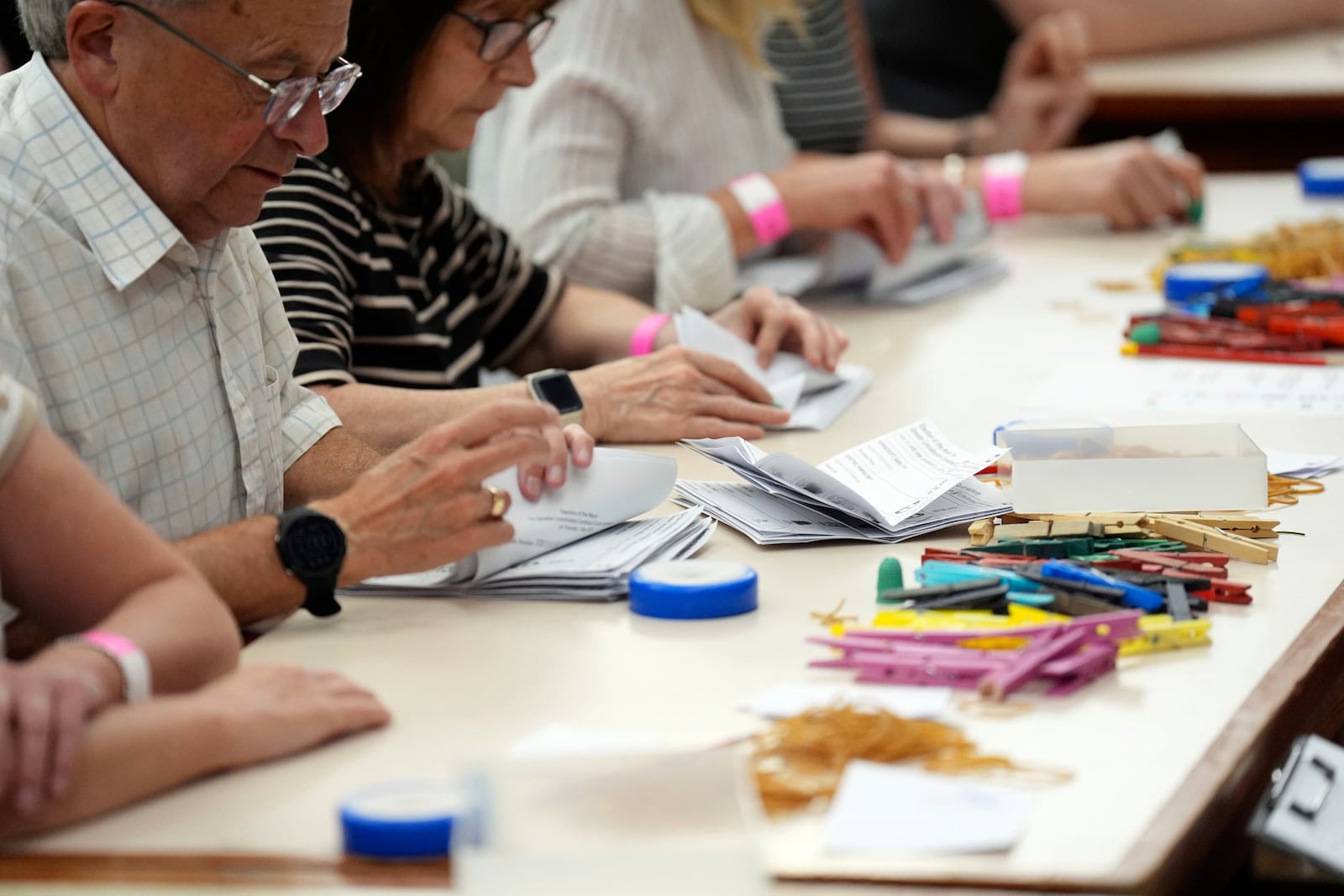 Votes are counted at Grimsby Town Hall, in Lincolnshire, for the Greater Lincolnshire Mayor election, Thursday, May 1, 2025. (Joe Giddens/PA via AP)