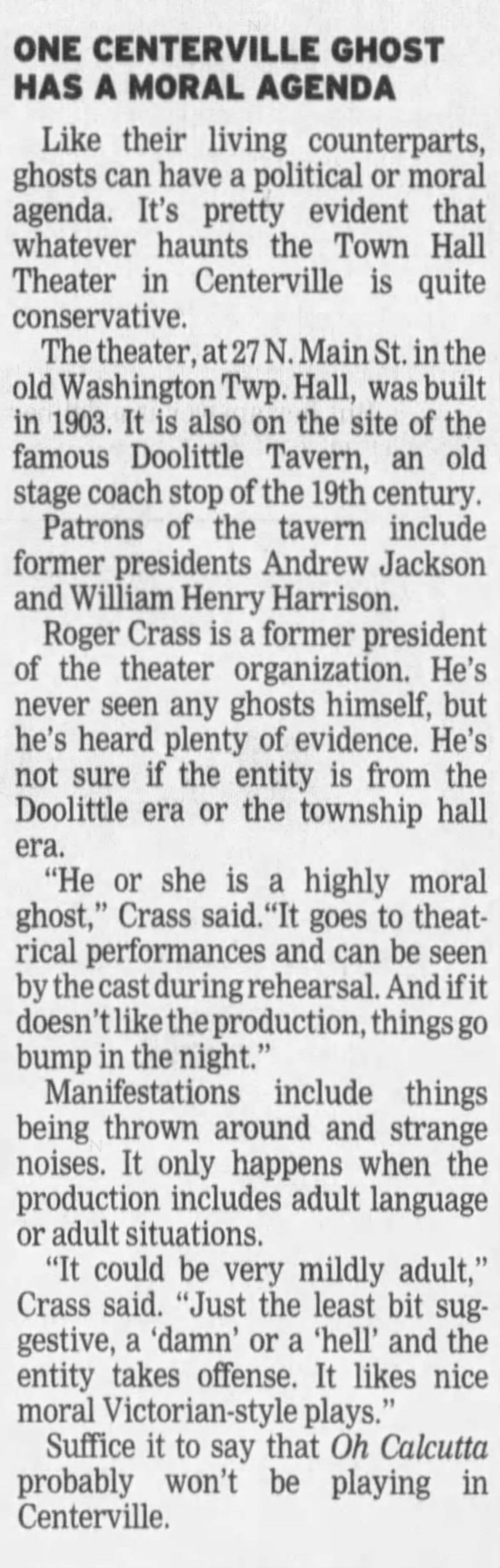 A Dayton Daily News Article from October 2000 recounting the story of a Centerville ghost.