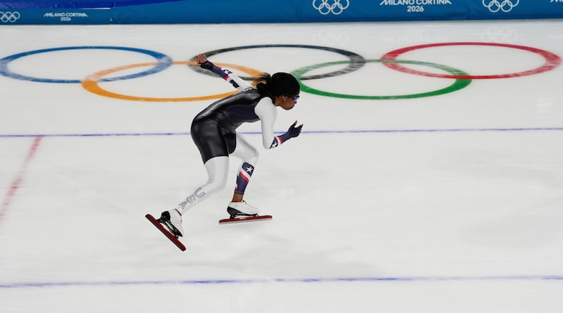 United States' Erin Jackson warms up during a speedskating training session at the 2026 Winter Olympics, in Milan, Italy, Thursday, Feb. 5, 2026. (AP Photo/Lee Jin-man)