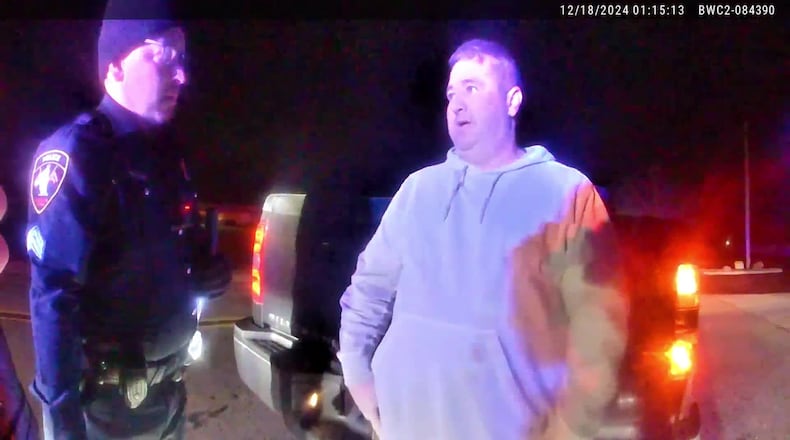 Clark County Sheriff Matthew Melvin was arrested for OVI Dec. 18. This still from an Urbana Police officer's body camera shows Melvin speaking with a sergeant. CONTRIBUTED