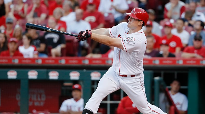Cincinnati Reds’ Scott Schebler swings on a grand slam off New York Mets starting pitcher Chris Flexen during the first inning of a baseball game, Tuesday, Aug. 29, 2017, in Cincinnati. (AP Photo/John Minchillo)