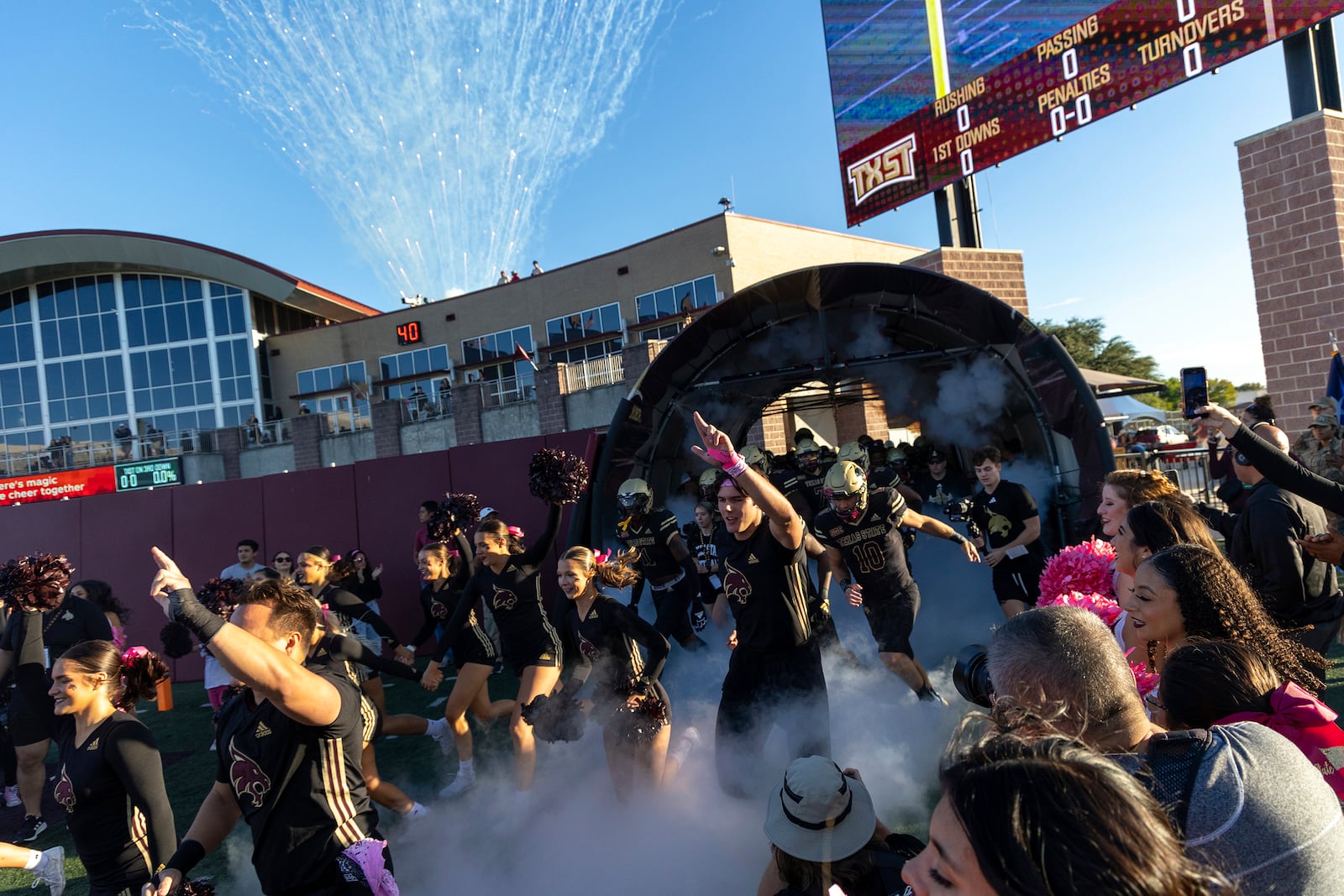 FILE - Texas State takes the field against Louisiana Monroe during an NCAA football game, Oct. 14, 2023, in San Marcos Texas. (AP Photo/Stephen Spillman, File)